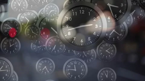 Animation of moving clocks over walking people in city Stock Footage 329690726