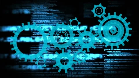 Animation of moving cogs and data processing on black background Stock Footage 200817960