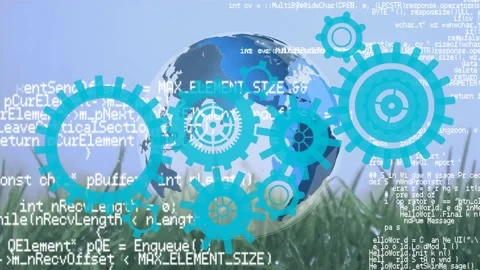 Animation of moving cogs and globe over data processing on meadow Stock Footage 200817802