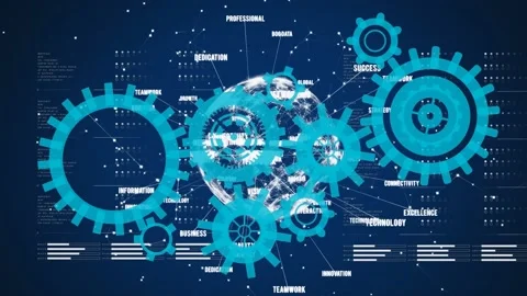 Animation of moving cogs, globe and data processing on navy background Stock Footage 200818057