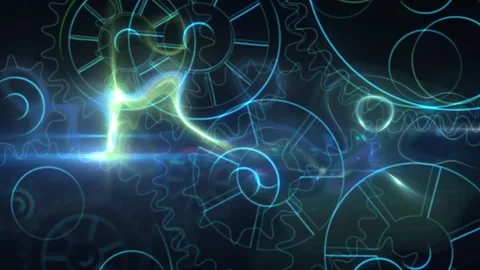 Animation of moving cogs over neon shapes moving Stock Footage 266319941