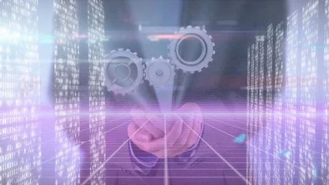 Animation of moving columns and light trails over caucasian man holding cogs Stock Footage 221957892