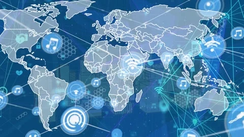 Animation of moving computer network and music icons over graphical map and Stock Footage 330171497