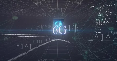 Animation of moving connected icons, computer language, 6g text, globe and Stock Footage 330413198