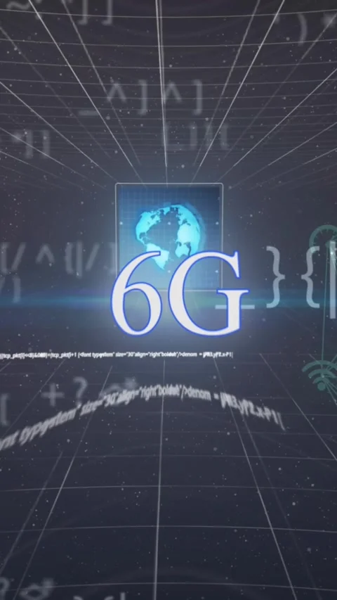 Animation of moving connected icons, computer language, 6g text, globe and Stock Footage 342033837