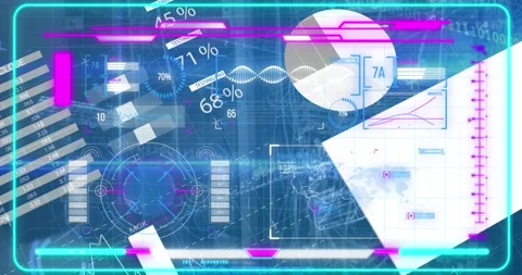Animation of moving graphs, dna helix, map and programming data over graphical Video stock 202330727