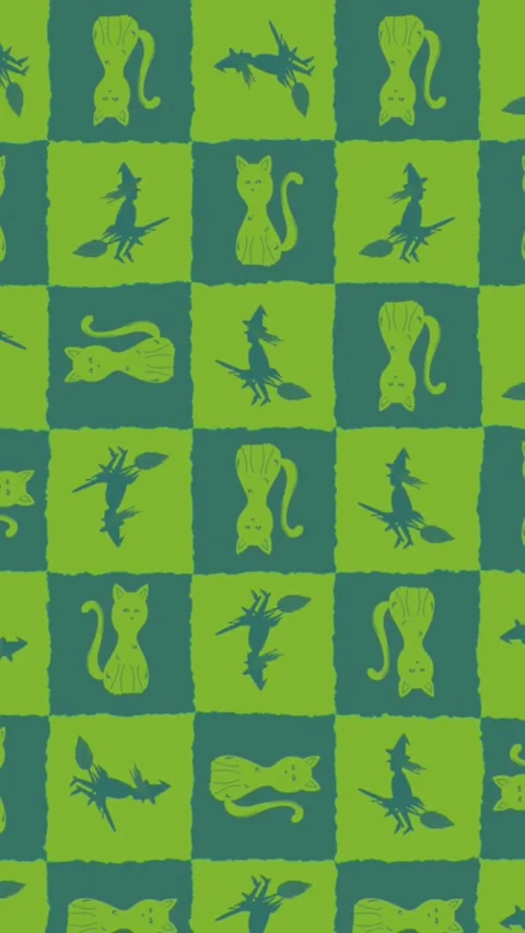 Animation of moving green texture with cats and witches Stock Footage 342136828