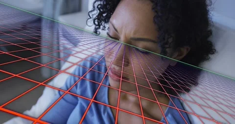 Animation of moving grid pattern over sick african american woman lying on bed Stock Footage 327846015