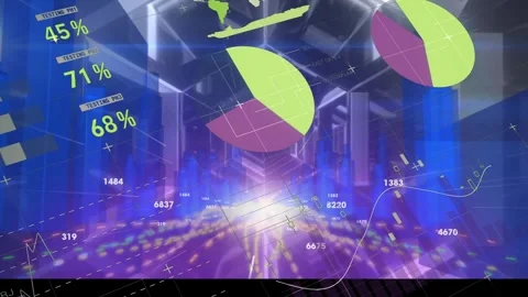 Animation of moving hexagons in loop with graphs, data over vector skyscrapers Stock Footage 330113661