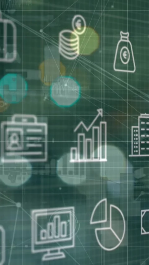 Animation of moving icons over bokeh effect against icons connected by lines Stock Footage 344613823