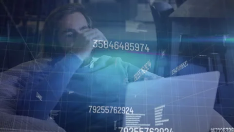 Animation of moving lines, changing numbers, code over caucasian bearded man Stock Footage 316217872