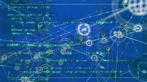 Animation of moving programming data with computer network and gps icons Stock Footage 326750587