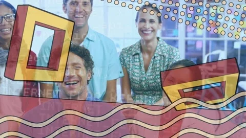 Animation of moving shapes and data processing over team of happy work Stock Footage 159724203