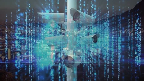 Animation of moving surveillance camera over data processing and cityscape Stock-Footage 162969901