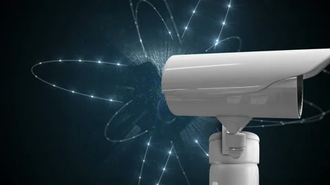 Animation of moving surveillance camera with starburst and glowing network Stock Footage 149792889