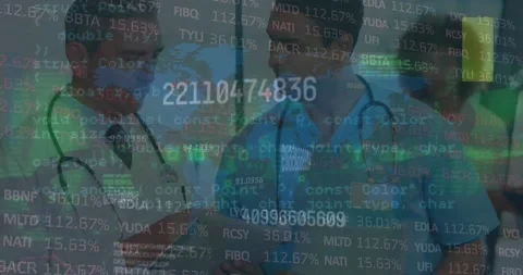 Animation of moving trading board, programming codes over smiling caucasian male Vidéo 202076020