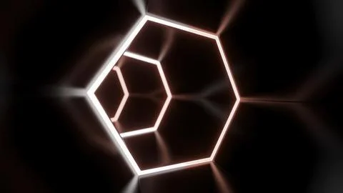 Animation in moving tunnel with hexagonal glowing lines. Design. Movement in Stock Illustration