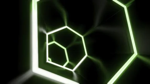 Animation in moving tunnel with hexagonal glowing lines. Design. Movement in Stock Illustration