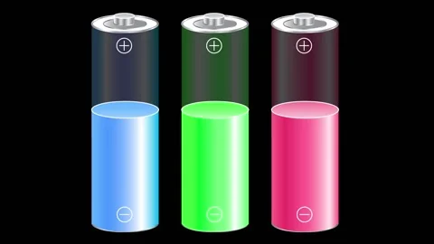 Animation. multi-colored charging of three batteries on a black background. Stock Footage 147460874