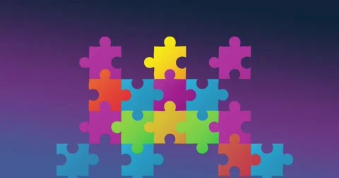 Animation of multi coloured puzzle elements forming symbol of Autism Awareness Stock Footage 208829755