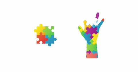 Animation of multi coloured puzzle pieces and hand over white background Stock Footage 327524576
