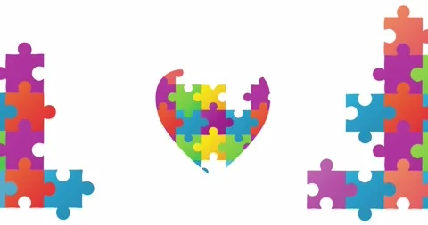Animation of multi coloured puzzle pieces and heart over white background Stock Footage 328718595