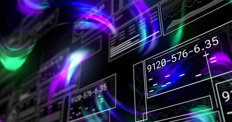 Animation of multicolored abstract pattern over graphs, numbers, loading bars on Stock Footage 310978554