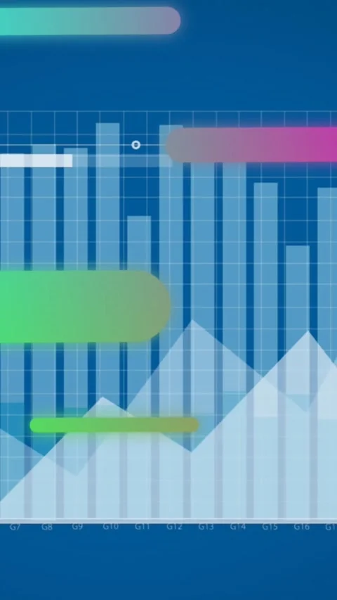 Animation of multicolored abstract pattern over graphs and loading bar against Stock Footage 344613910