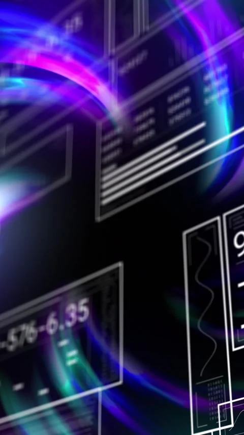 Animation of multicolored abstract pattern over graphs, numbers, loading bars on Stock Footage 344774722