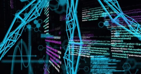 Animation of multicolored computer language, abstract pattern and molecule Stock Footage 249323946