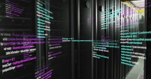 Animation of multicolored computer language against server room in background Stock Footage 329223235