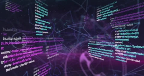 Animation of multicolored computer language and multiple connected icons over Stock Footage 247919860