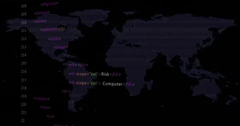 Animation of multicolored computer language and map over black background Stock Footage 253636092