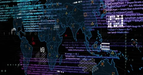 Animation of multicolored computer language and circuit board pattern on map Stock Footage 328005507
