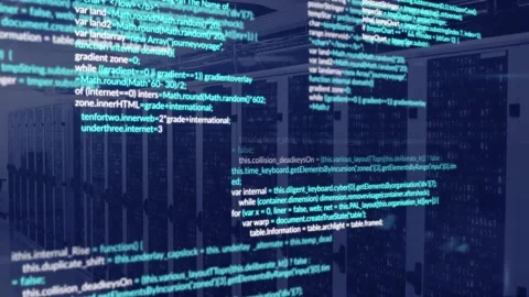 Animation of multicolored computer language and binary codes on server racks in Stock Footage 330658297