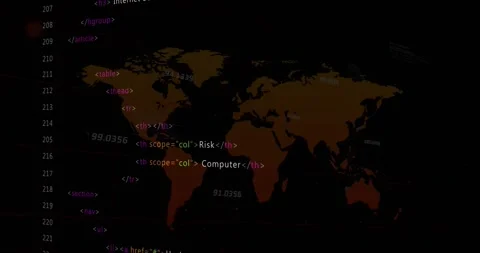 Animation of multicolored computer language and map over black background Stock Footage 330735905
