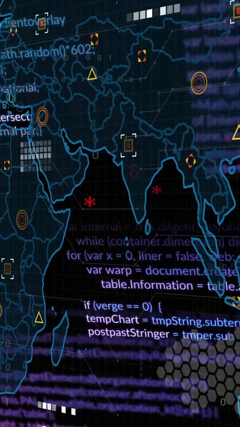 Animation of multicolored computer language and circuit board pattern on map Stock Footage 342599415