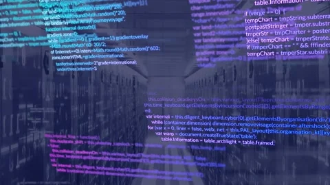 Animation of multicolored computer language with binary codes over server room Stock Footage 248206879