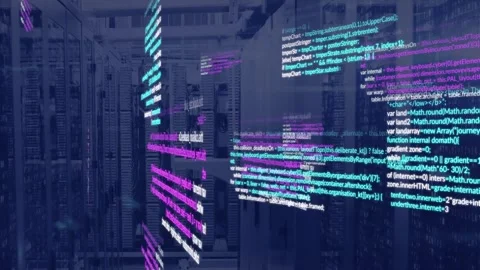 Animation of multicolored computer language with binary codes over server room Stock Footage 248206886