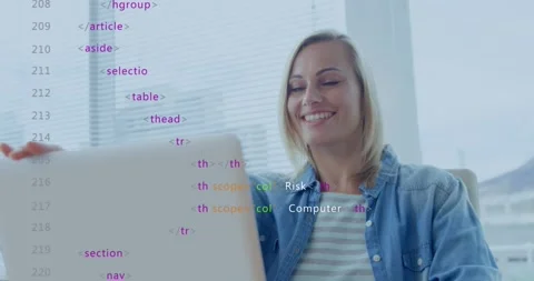 Animation of multicolored computer language, caucasian woman closing laptop lid Stock Footage 329565347