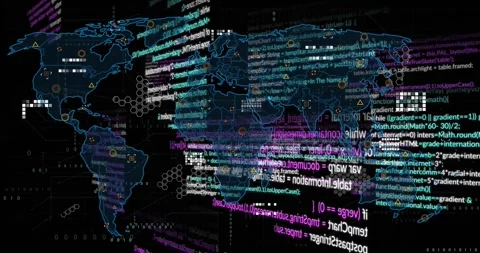 Animation of multicolored computer language, geometric shapes on map over black Stock Footage 257102391