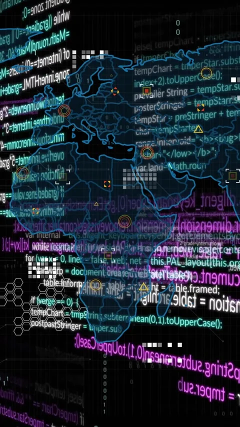 Animation of multicolored computer language, geometric shapes on map over black Stock Footage 323577809