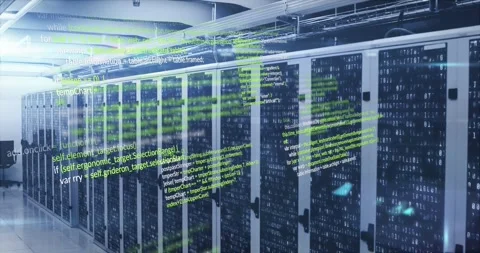 Animation of multicolored computer language over binary codes on data server Video stock 250592108