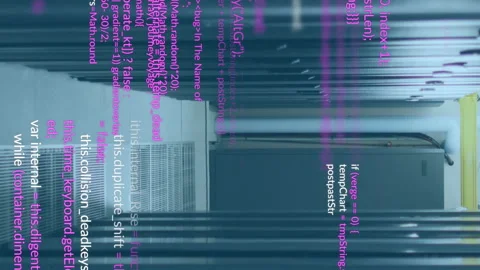 Animation of multicolored computer language over data server racks in server Video stock 312945141