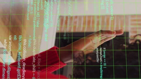 Animation of multicolored computer language over african american woman talking Stock Footage 313123485