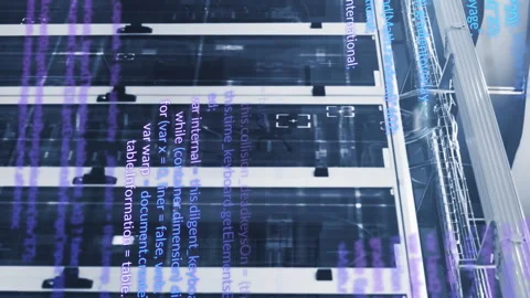 Animation of multicolored computer language over data server racks in server Stock Footage 313445718
