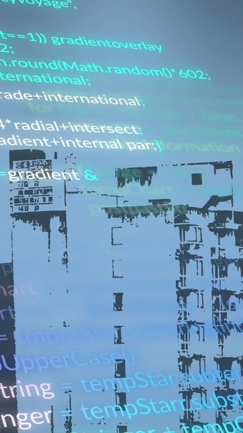 Animation of multicolored computer language over modern buildings in background 스톡 동영상 319223016