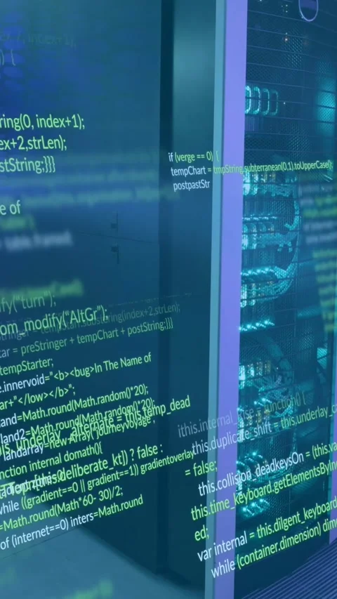 Animation of multicolored computer language over data server systems in server 스톡 동영상 320229082