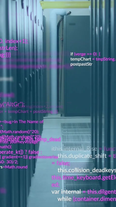 Animation of multicolored computer language over data server racks in server Video stock 320983865