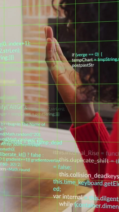 Animation of multicolored computer language over african american woman talking Stock Footage 320984101